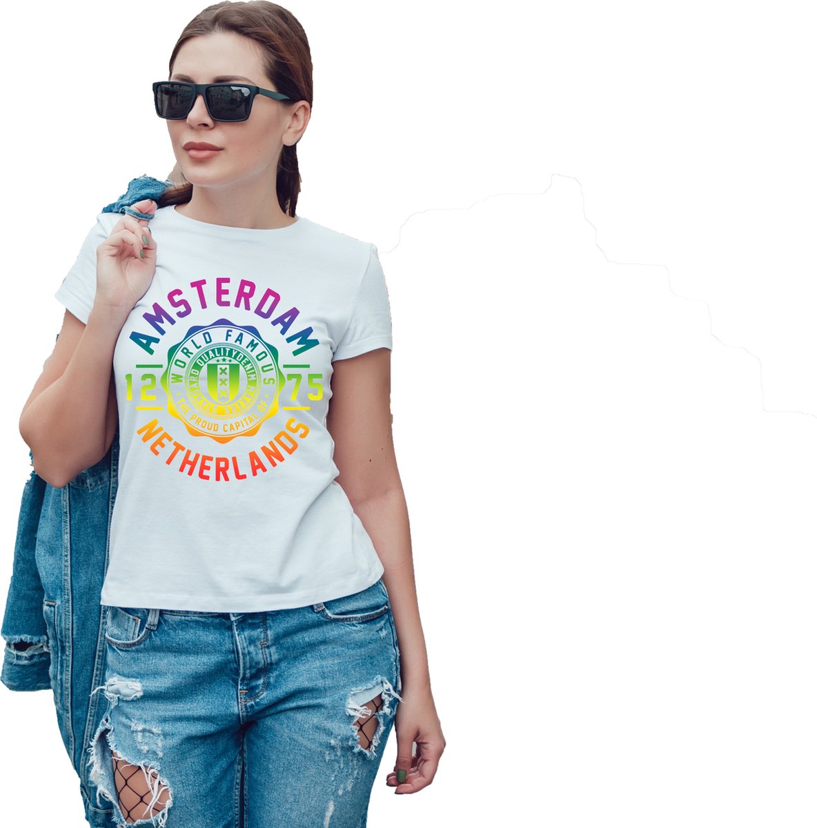 T-shirt wit Amsterdam regenboog dames | Maat 2XL